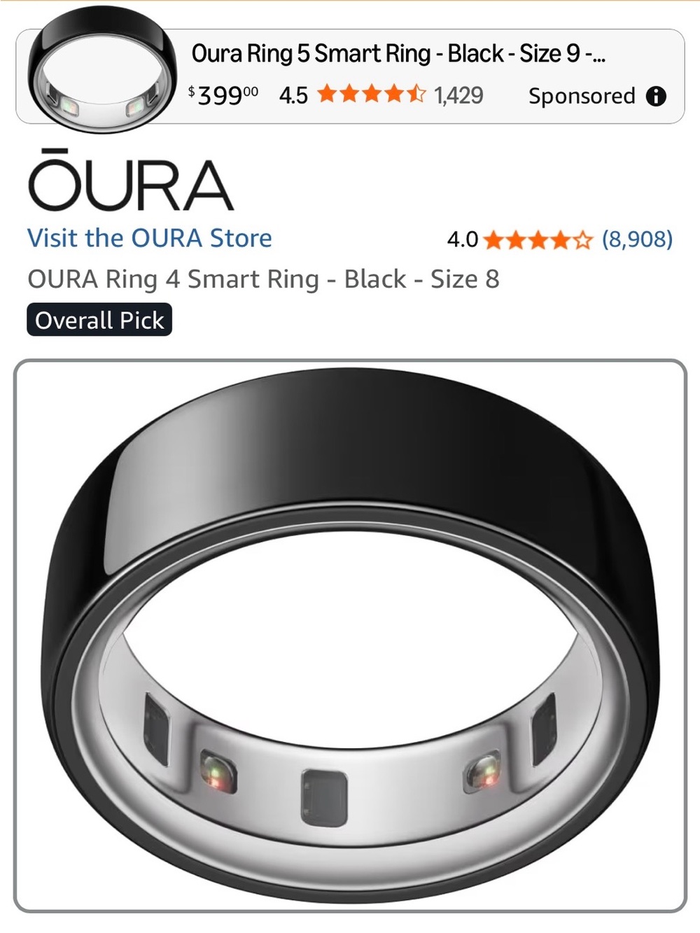Aura smart ring - Black, size 8